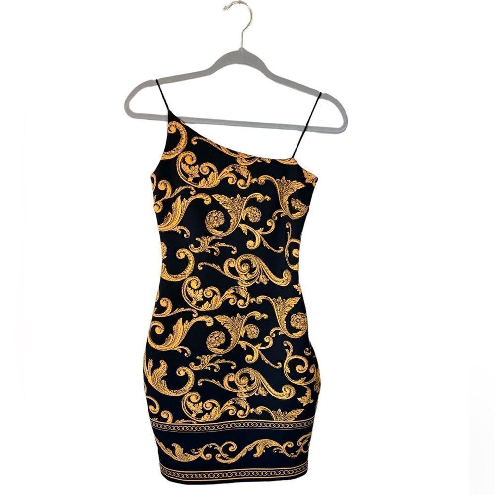 Guess Jenny Mini Black Gold Dress Gilded Printed Bodycon Size XS - Picture 6 of 10